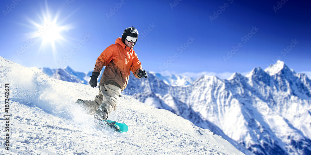 winter skier and mountains landscape winter skier and mountains landscape