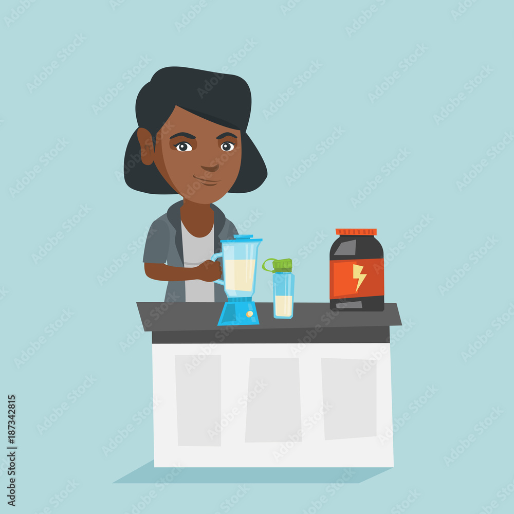 African-american sportswoman making a protein shake using a blender. Young sportswoman preparing a protein cocktail from bodybuilding food supplements. Vector cartoon illustration. Square layout.