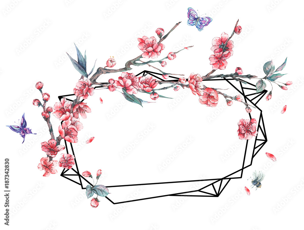 Watercolor polygonal frame with blooming cherry