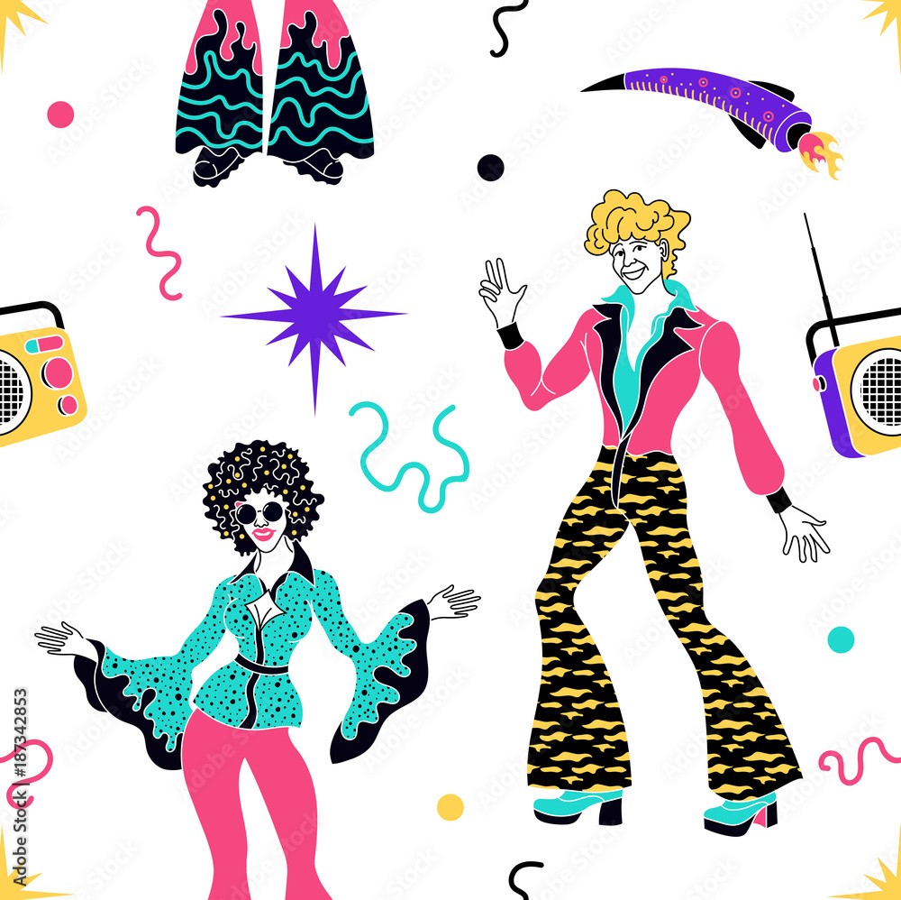 Pattern funk . 80s style clothing.Retro dancer pattern. People in 1980s,  eighties style clothes dancing disco, cartoon vector illustration. Funk  disco seamless.Retro radio receiver. Stock Vector | Adobe Stock