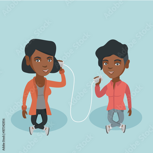 African-american women discussing something using tin can telephone. Woman getting message from friend on tin can phone. Friends talking through a tin phone. Vector cartoon illustration. Square layout