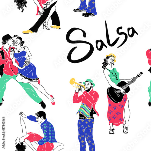 Salsa party poster.Set of couple dancing salsa.Retro style.Silhouettes of people dancing and musicians playing latin music.Cuba club.Salsa background.Trumpeter and guitarist. Salsa dance vector