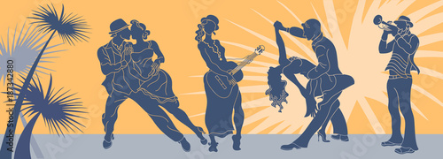 Salsa dance vector.Tango couple vector. Couple dancing salsa. Argentine tango.Web background salsa latino.Salsa music party banner.Set of couple dancing tango.Retro style.Silhouettes of people dancing photo