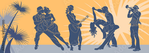 Salsa dance vector.Tango couple vector. Couple dancing salsa. Argentine tango.Web background salsa latino.Salsa music party banner.Set of couple dancing tango.Retro style.Silhouettes of people dancing