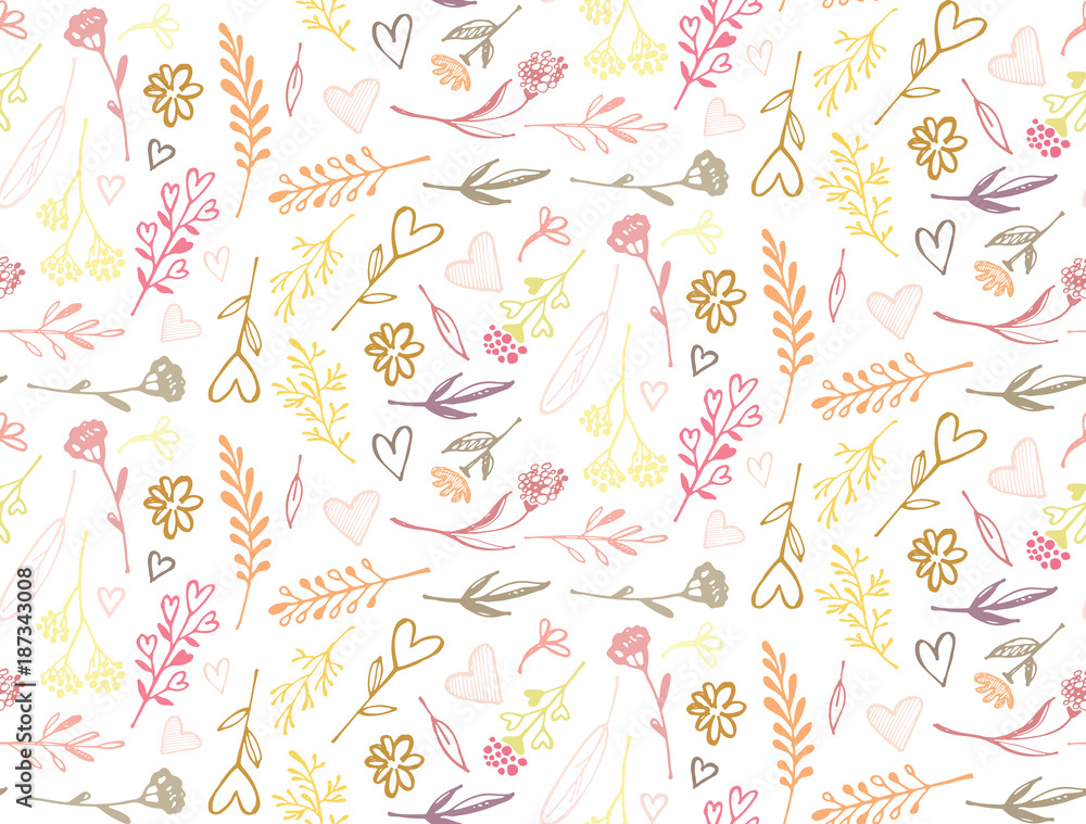 Hand drawn doodle pattern with flower, leaf, heart.
