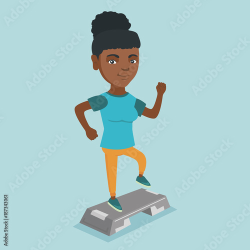 African-american sportswoman training with a stepper in the gym. Young sportswoman doing step exercises. Woman working out with a stepper in the gym. Vector cartoon illustration. Square layout.