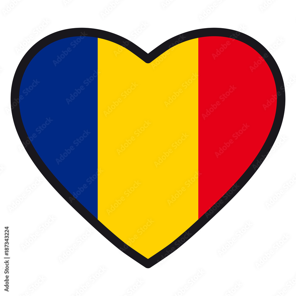 Flag of Romania in the shape of Heart with contrasting contour, symbol of love for his country, patriotism, icon for Independence Day. Flag of Romania in the shape of Heart with contrasting contour, symbol of love for his country, patriotism, icon for Independence Day.