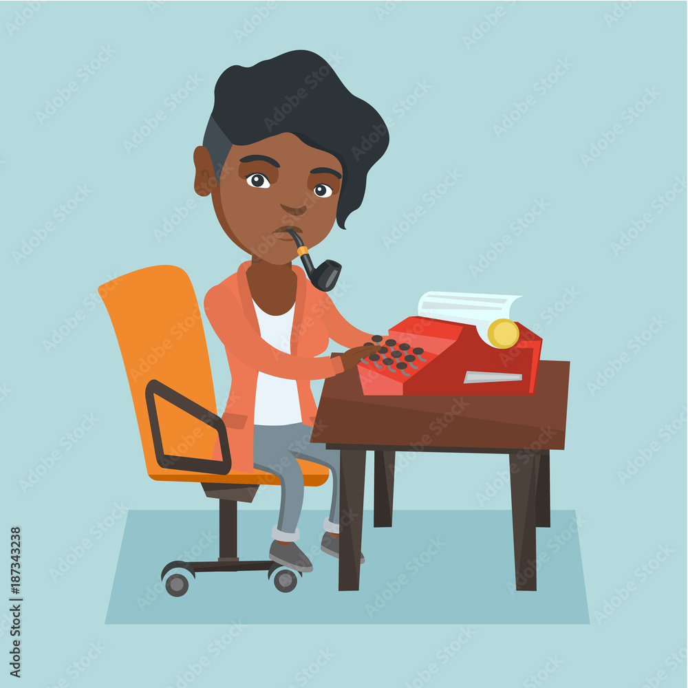Young african-american journalist writing an article on a vintage typewriter  and smoking a pipe. Concentrated journalist working on a retro typewriter.  Vector cartoon illustration. Square layout. Stock Vector | Adobe Stock