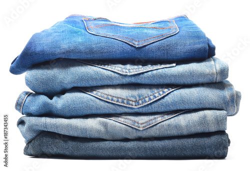Blue jeans isolated on white background, jeans stacked