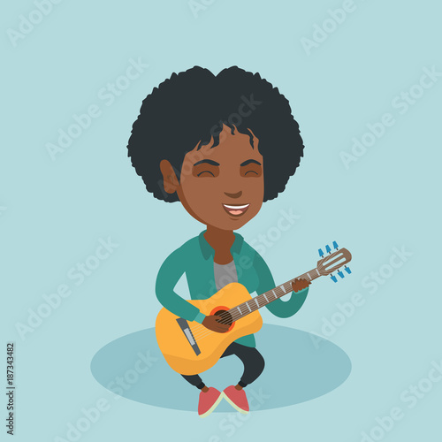 Young african-american musician sitting with a guitar in hands. Smiling woman playing the acoustic guitar. Female guitarist practicing in playing guitar. Vector cartoon illustration. Square layout.