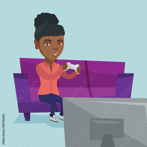 Young happy african-american woman sitting on the couch and playing video game on the TV set. Excited woman with console in hands playing video game at home. Vector cartoon illustration. Square layout