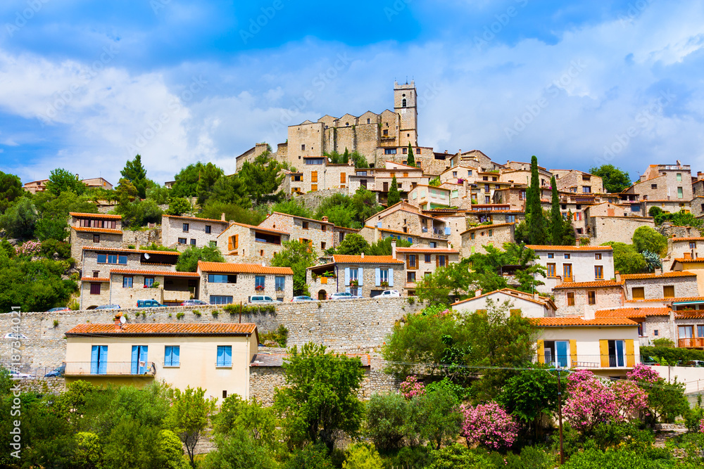 View of the village of Eus in Pyrenees-Orientales, Languedoc-Roussillon. Eus is listed as one of the 100 most beautiful villages in France