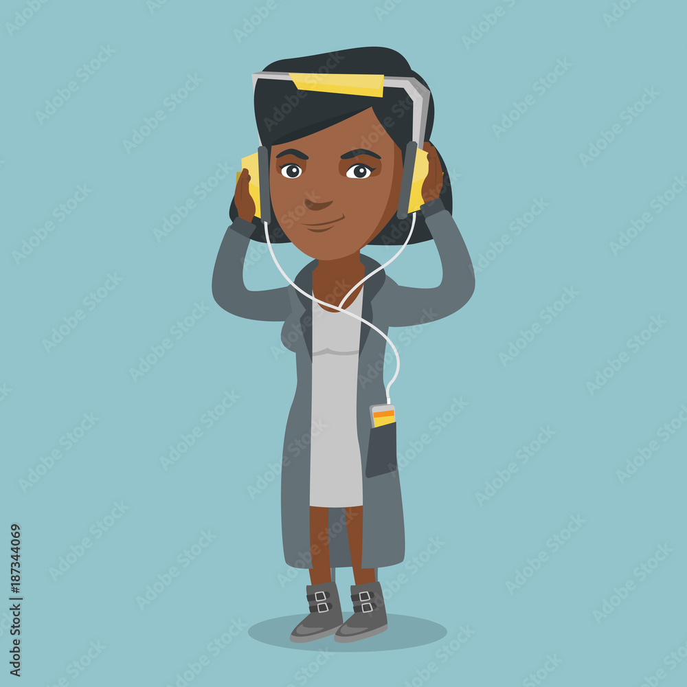 African-american woman listening to music on her smartphone. Young woman in headphones listening to music. Relaxed woman enjoying music. Vector cartoon illustration. Square layout.