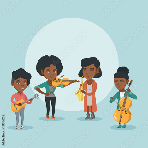 Band of african musicians playing the musical instruments. Group of young musicians playing the musical instruments. Musicians performing with instruments. Vector cartoon illustration. Square layout