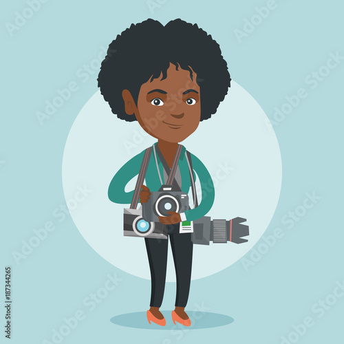 Young african-american photographer standing with many photo cameras equipment. Full length of a professional photojournalist with a lot of photo cameras. Vector cartoon illustration. Square layout.
