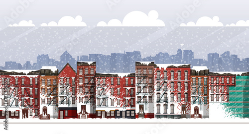 Vector Art Frozen Urban Scene. snow covered street in Brooklyn during a blizzard