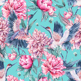 Watercolor seamless pattern with crane, pink peonies