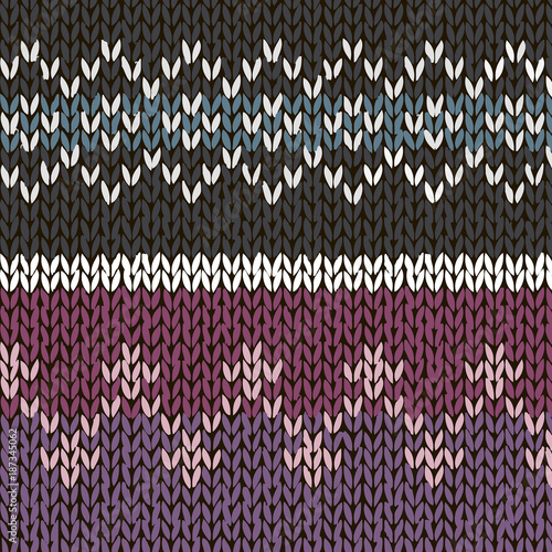 Two fair isle style hand made knitted patterns, neutral grey, blue, violet colors. Vector illustration