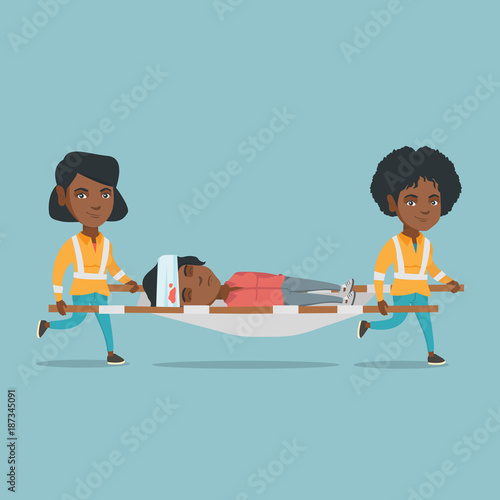 African emergency doctors transporting victim after accident on the stretcher. Team of emergency doctors carrying an injured woman on medical stretcher. Vector cartoon illustration. Square layout.