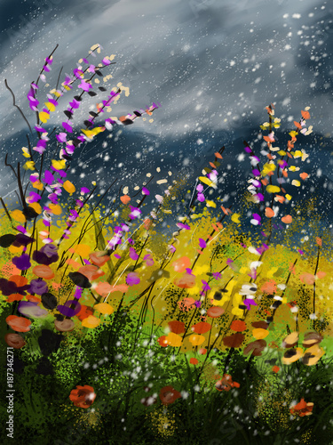 flowers in sonw illustration,hand drawn painting photo