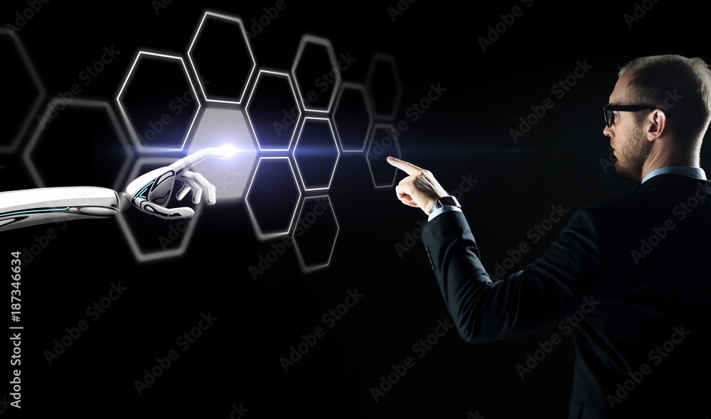 businessman and robot touching network hologram businessman and robot touching network hologram