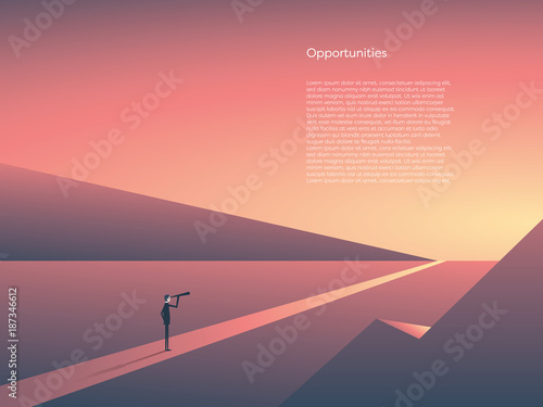 Business visionary vector concept with businessman visionary looking through telescope at horizon. Sunset landscape, symbol of opportunity, new beginning, start of career, job.