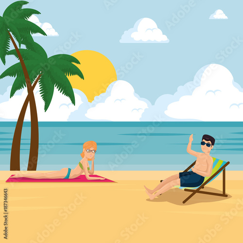 happy couple of lovers sunbathe on the beach design