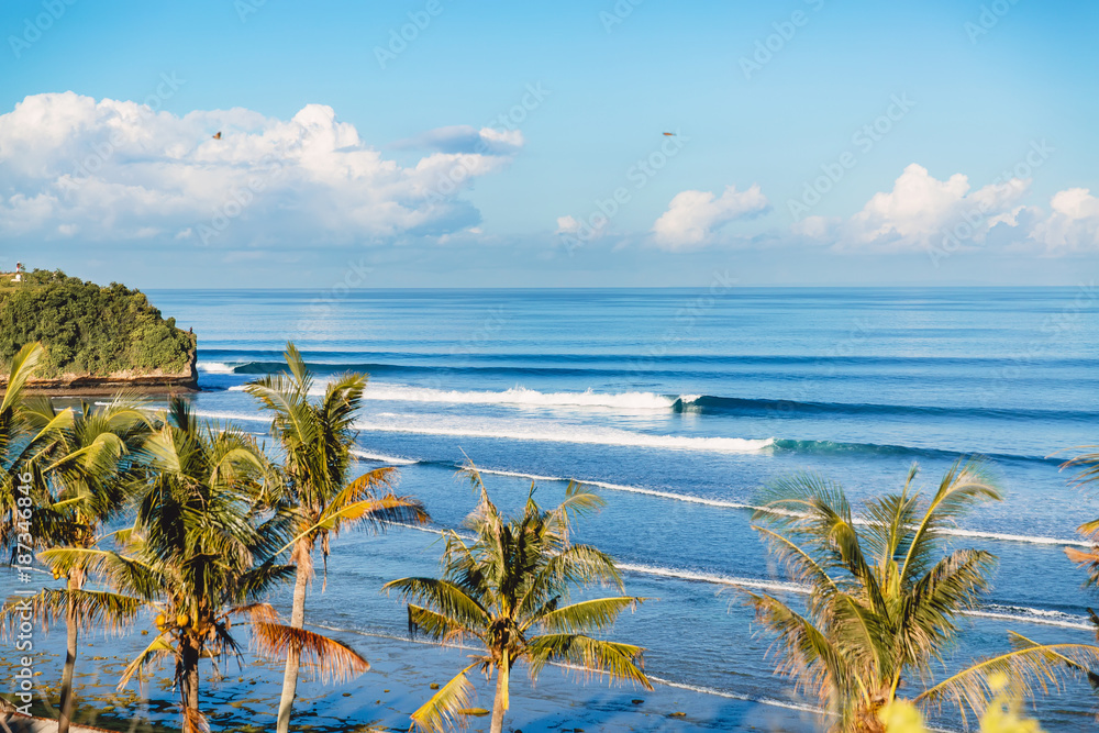 Blue crashing waves in ocean and coconut palms on a cost. Crystal waves in Bali