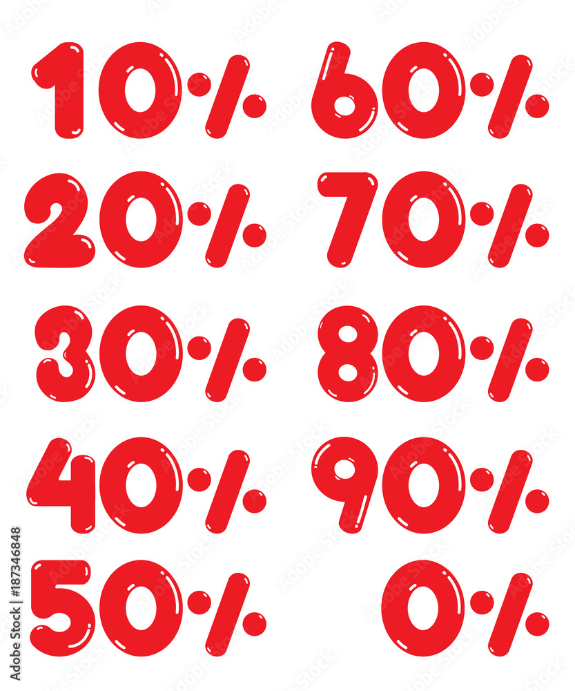 Red number from 0 to 90 percent on white background vector design for business. Red number from 0 to 90 percent on white background vector design for business.
