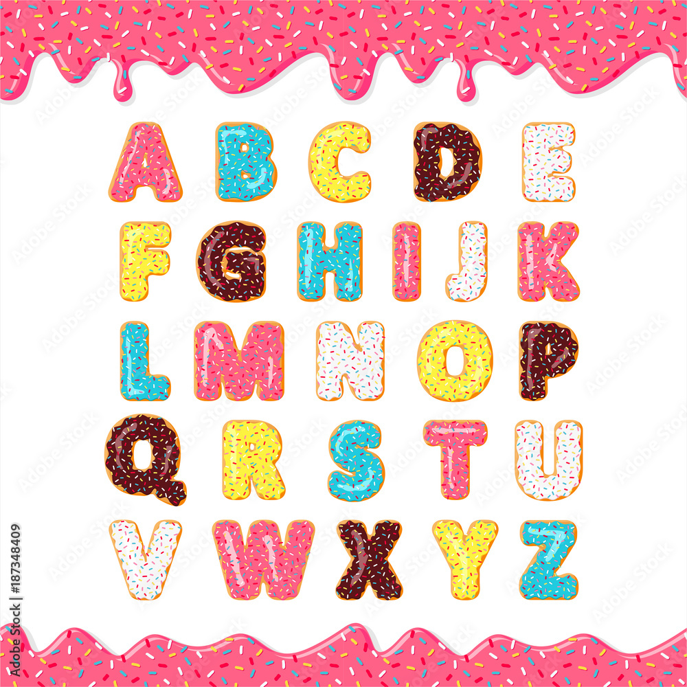 Font Of Donuts. Bakery Sweet Alphabet. Letters With Pink, Yellow, Blue ...