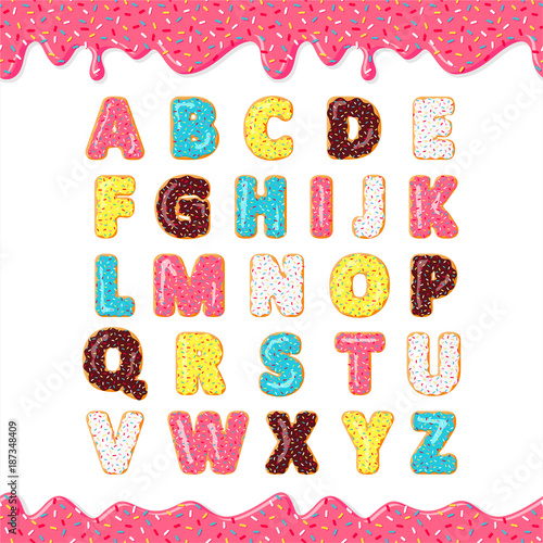 Font of donuts. Bakery sweet alphabet. Letters with pink, yellow, blue donut. Donut's glaze. Vector poster