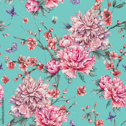 Watercolor seamless pattern with blooming cherry, peonies,