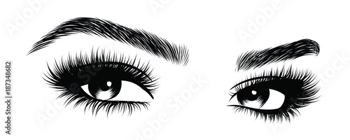 Hand-drawn woman's sexy makeup look with perfectly perfectly shaped eyebrows and extra full lashes. Idea for business visit card, typography vector. Perfect salon look