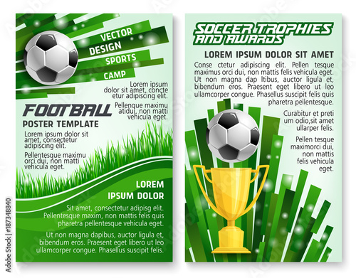 Soccer ball and trophy on football stadium banner