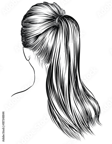 Hand-drawn beauty woman with luxurious classic long ponytail hairstyle.Idea for business card typography vector.Back to school style.Print for t-shirt