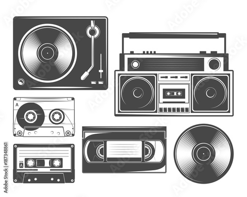 Set of vintage cassete, vinyl, recorders and players icons