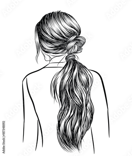 Hand-drawn beauty woman with luxurious classic long ponytail hairstyle.Idea for business card typography vector.Back to school style.Print for t-shirt