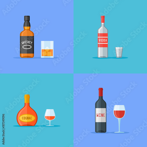 Set of bottles and glasses with alcohol drinks. Whiskey, vodka, cognac and wine. Flat style icons. Vector illustration.
