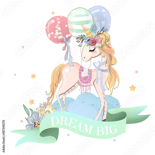 Dekoracja na wymiar  beautiful-dreaming-unicorn-with-floral-wreath-flower-bouquet-and-balloons-colorful-cloud-flowers-and-stars-mint-colored-ribbon-with-quote