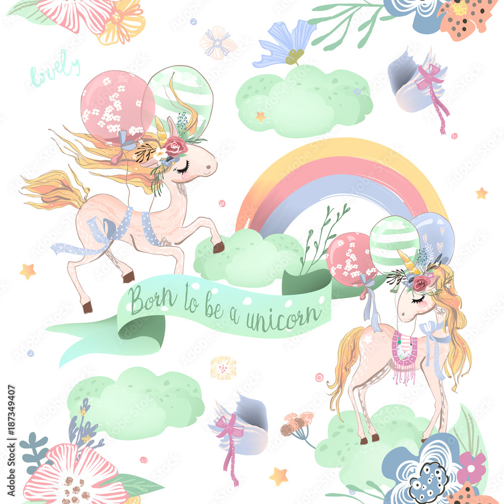 Cute unicorns seamless pattern. Kids pattern with unicorns, flowers, balloons, clouds and rainbow Cute unicorns seamless pattern. Kids pattern with unicorns, flowers, balloons, clouds and rainbow