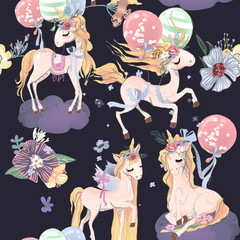 Fototapete Einhornmuster Einhörner mit Luftballons und Blumen  © creationsofanna