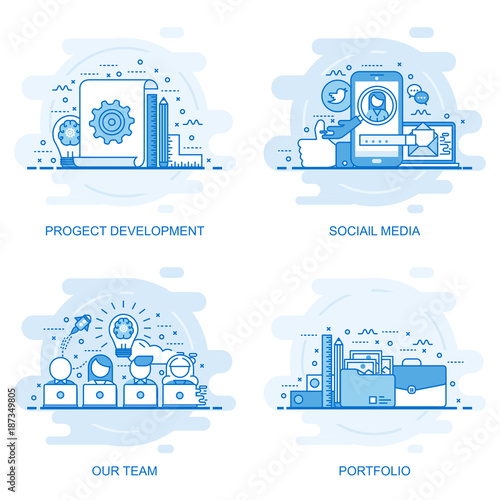 Modern flat color line concept web banner of Social Media, Our Team, Portfolio and Project Development. Conceptual vector illustration for web design, marketing, and graphic design.