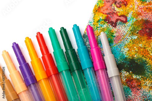 Childden color pens and drawing creativity background photo