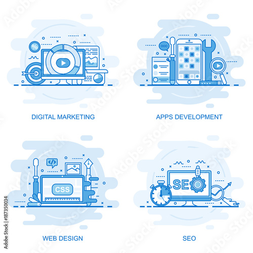 Modern flat color line concept web banner of Seo, Web Design, Apps Development and Digital Marketing. Conceptual vector illustration for web design, marketing, and graphic design.