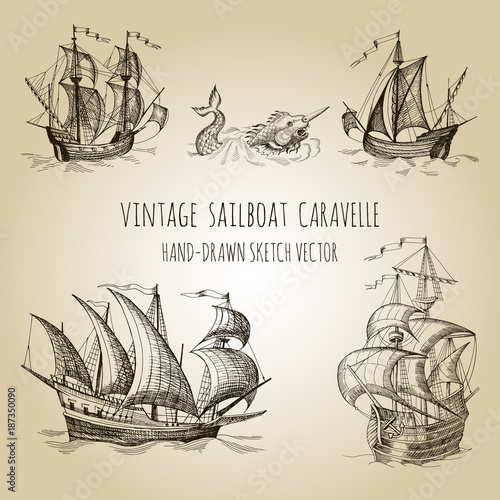 Old caravel, vintage sailboat, sea monster. Hand drawn vector sketch.