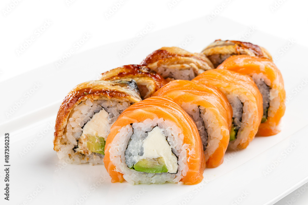 Set of two kind of Philadelphia roll urumaki sushi with salmon and eel Set of two kind of Philadelphia roll urumaki sushi with salmon and eel