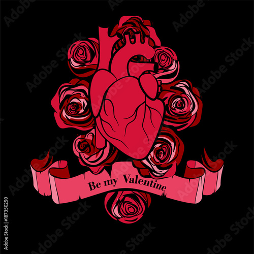Valentine's day greeting card. Human heart and red roses on black background. Inscription Be my valentine . Vector illustration