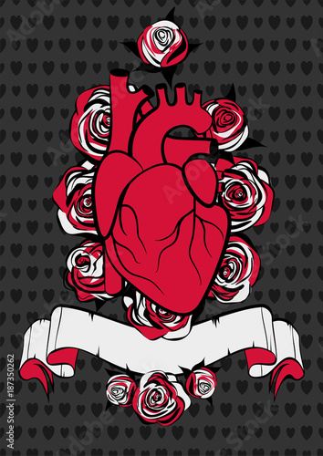 Valentine's day greeting card. Human heart and red roses on black background.