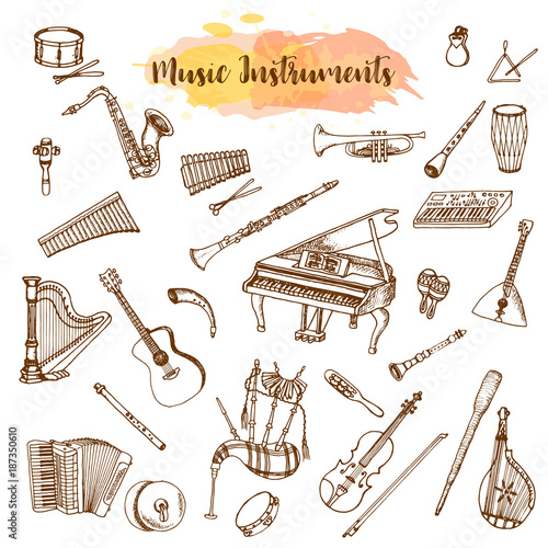 Music Instruments, Hand drawn illustration in doodle style. Vintage piaono, violin, guitar and saxophone. Big musical set. Jazz instrument.