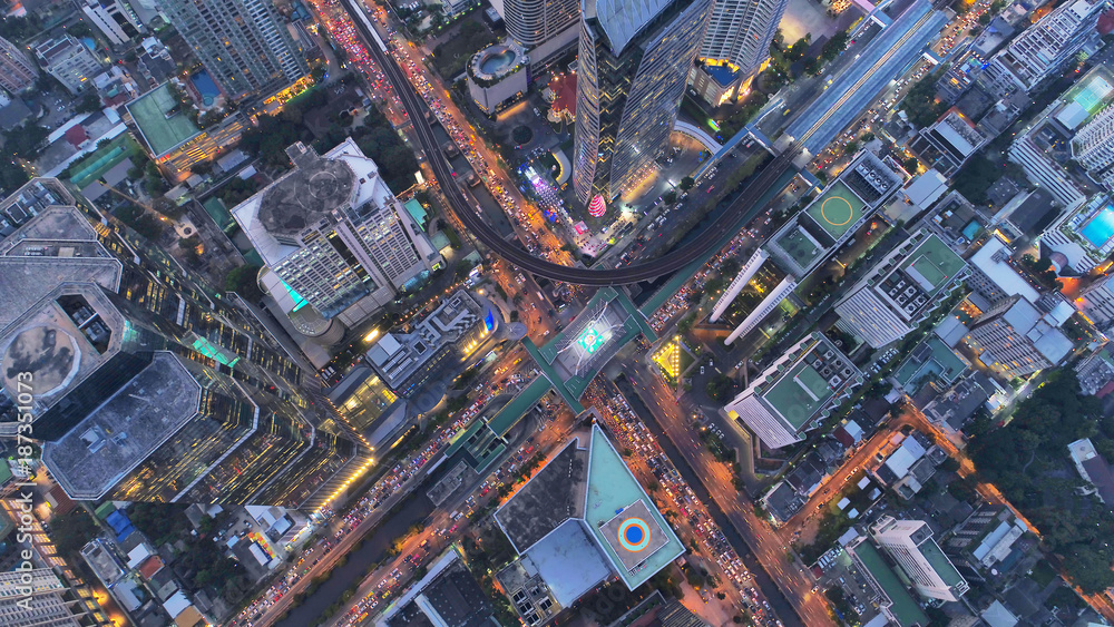 Top view city , Aerial view road , Expressway with car lots in the city ...
